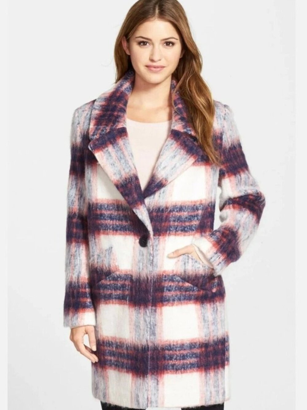Kenneth Cole Brushed Plaid Blue Red Reefer Coat Womens Size M Luxury Super Soft